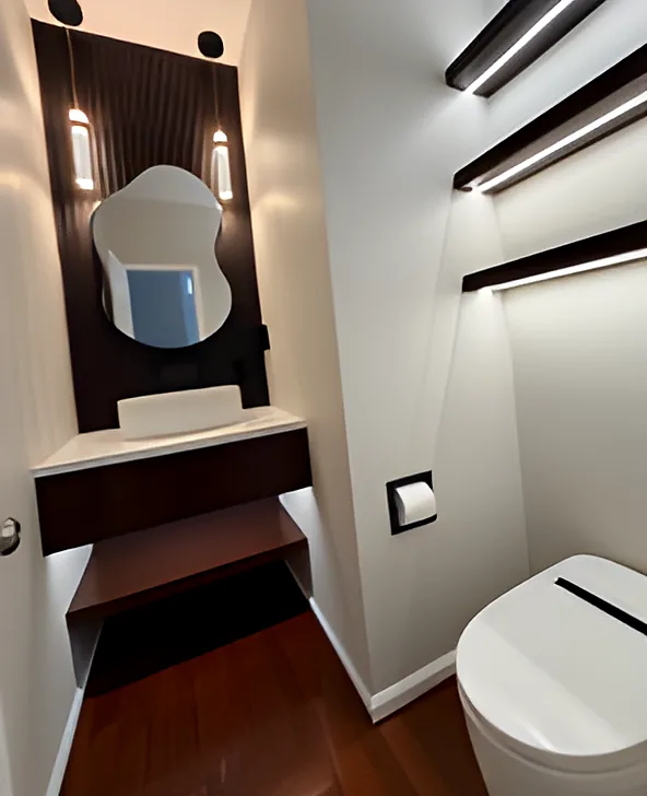 Powder room with a dark slat accent wall, floating vanity and lit floating shelves, finished by EBServices